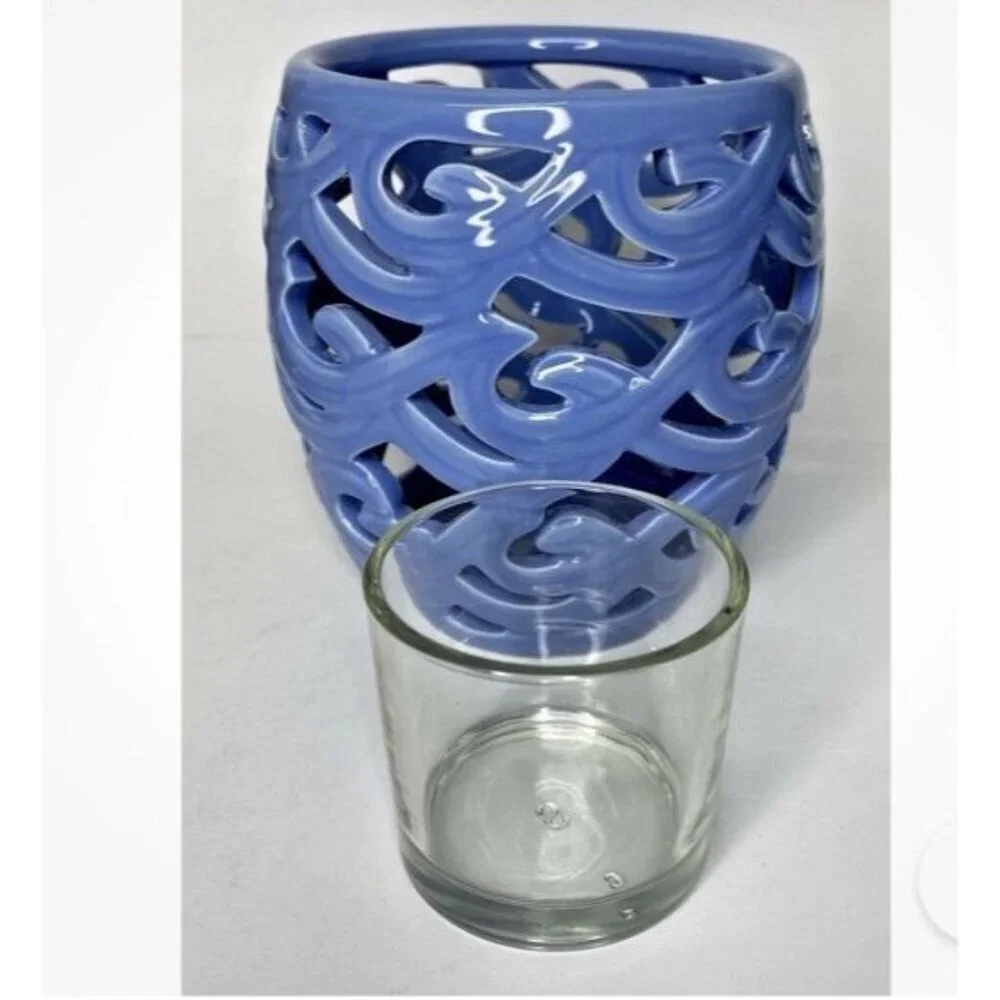 Partylite Waves Blue Votive Holder, Retired Coastal Glass Candle Holder NIB